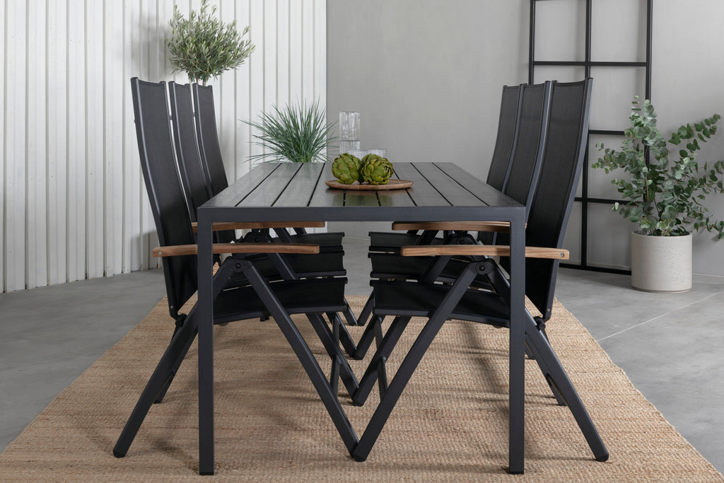 Break matgrupp med 6 Panama Light positionsstolar 205x90 cm svart/teak