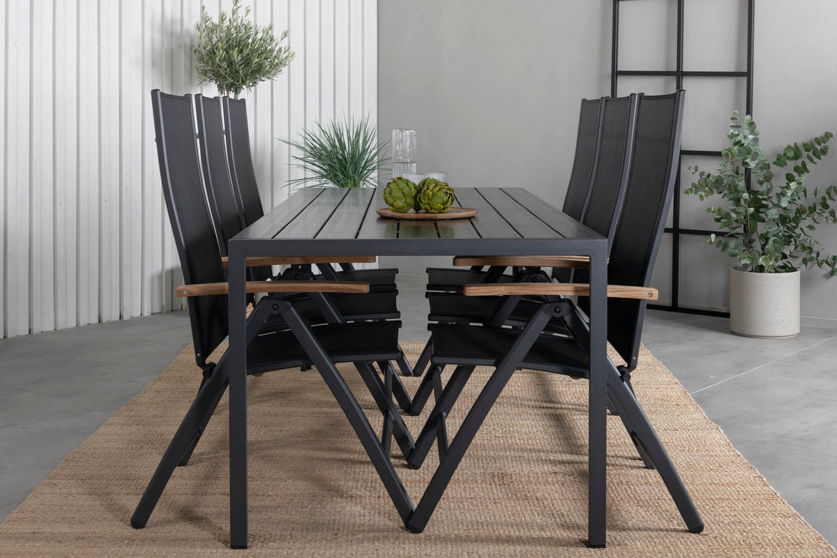 Break matgrupp med 6 Panama Light positionsstolar 205x90 cm svart/teak