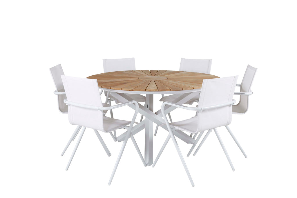 Mexico/Alina matgrupp med 6 stolar Ø140 cm vit/teak
