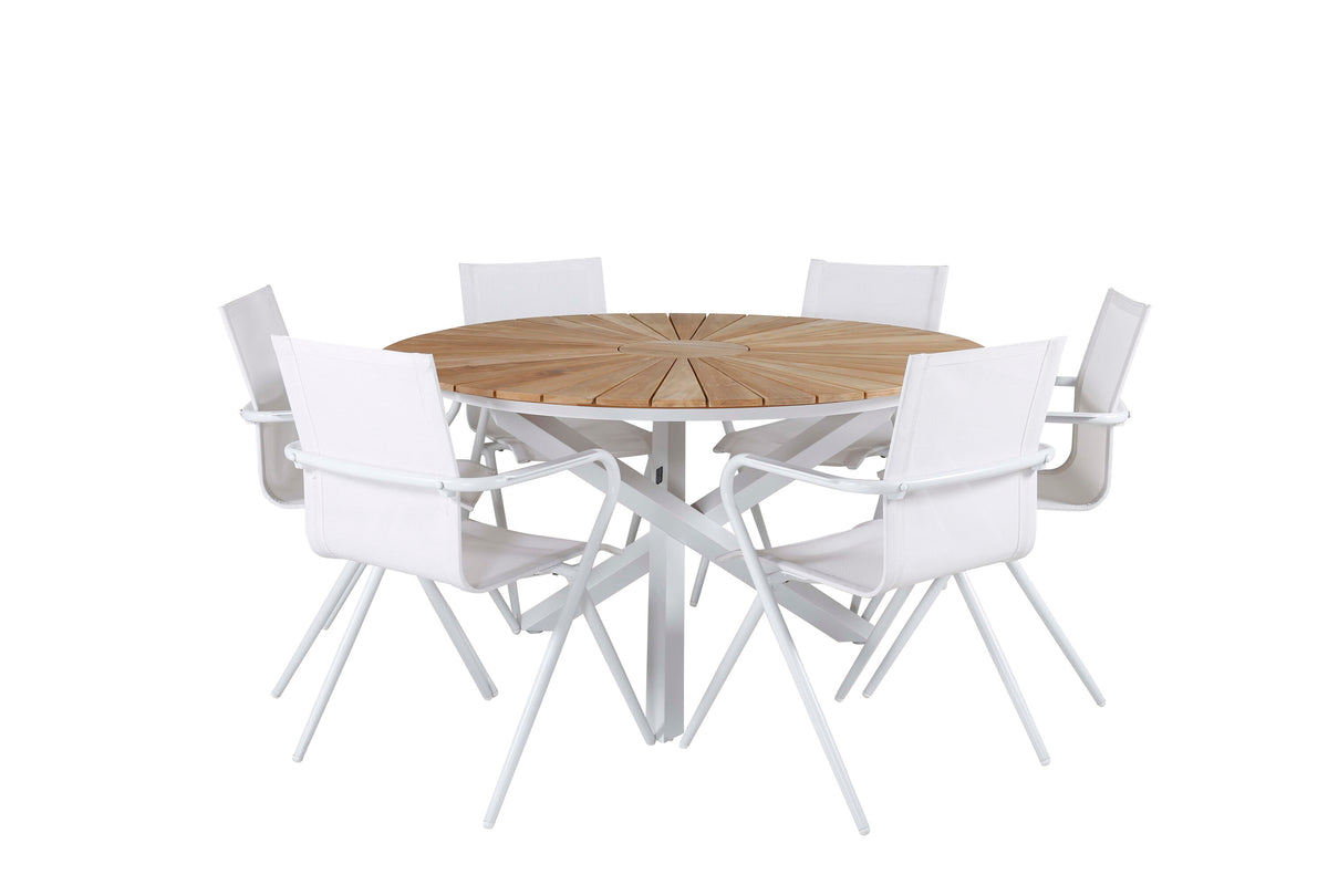 Mexico/Alina matgrupp med 6 stolar Ø140 cm vit/teak