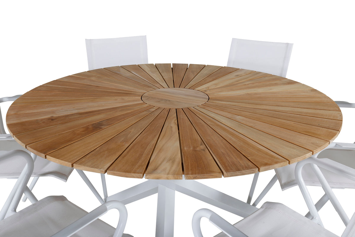 Mexico/Alina matgrupp med 6 stolar Ø140 cm vit/teak