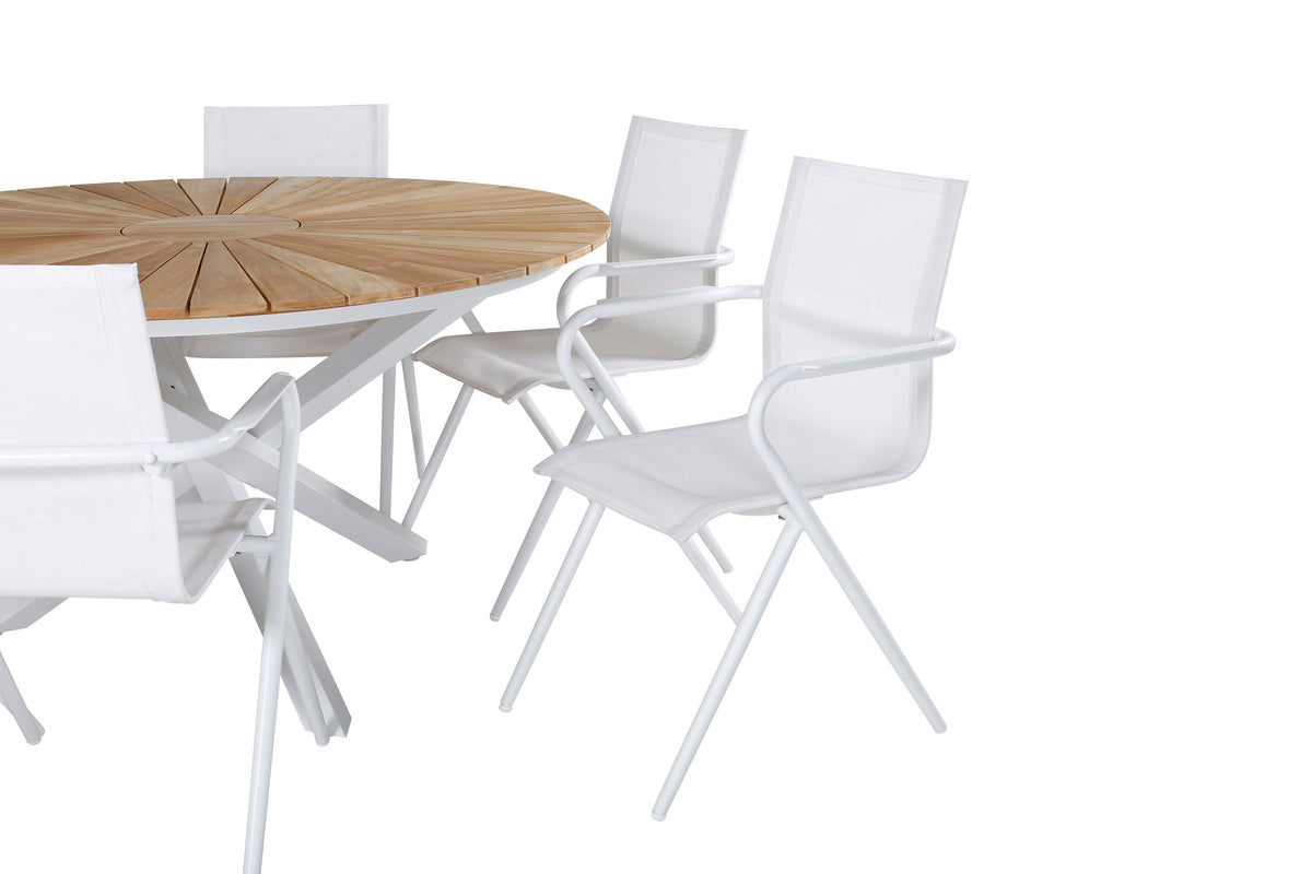 Mexico/Alina matgrupp med 6 stolar Ø140 cm vit/teak