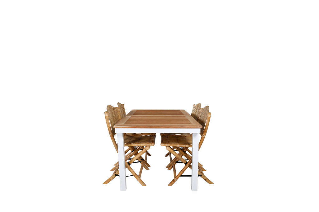 Panama bord 152/210*90 vit aluminium/teak med 4 Cane hopfällbara matstolar bambu/grå dyna