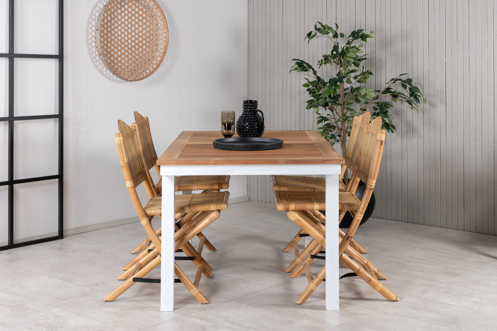 Panama bord 152/210*90 vit aluminium/teak med 4 Cane hopfällbara matstolar bambu/grå dyna
