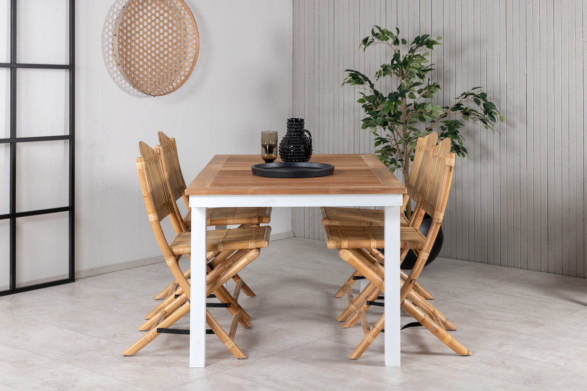 Panama bord 152/210*90 vit aluminium/teak med 4 Cane hopfällbara matstolar bambu/grå dyna