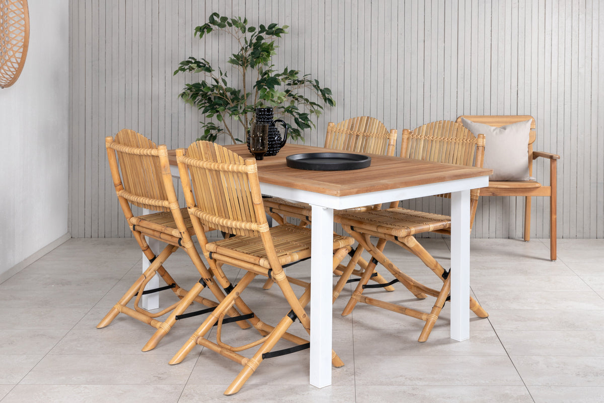 Panama bord 152/210*90 vit aluminium/teak med 4 Cane hopfällbara matstolar bambu/grå dyna