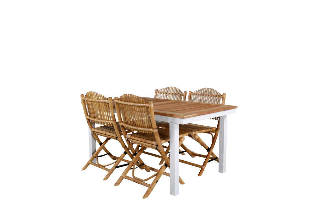 Panama bord 152/210*90 vit aluminium/teak med 4 Cane hopfällbara matstolar bambu/grå dyna