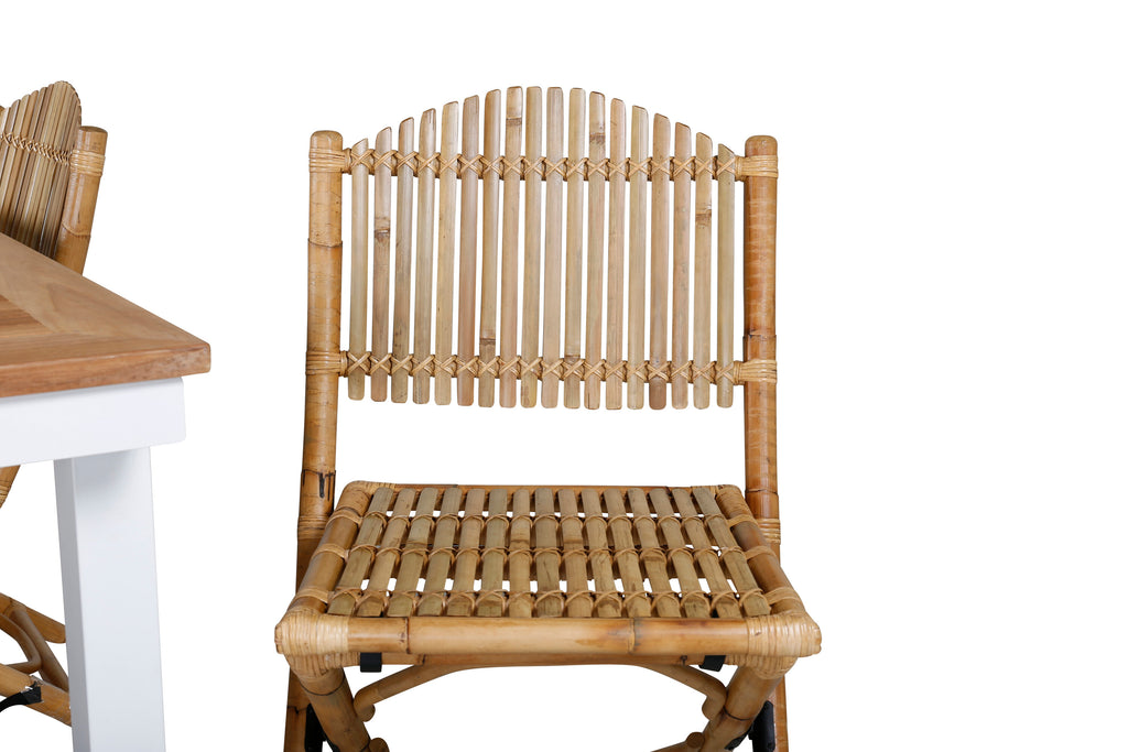 Panama bord 152/210*90 vit aluminium/teak med 4 Cane hopfällbara matstolar bambu/grå dyna