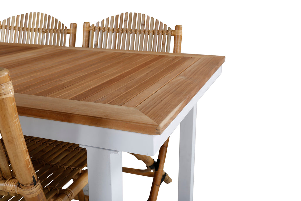 Panama bord 152/210*90 vit aluminium/teak med 4 Cane hopfällbara matstolar bambu/grå dyna