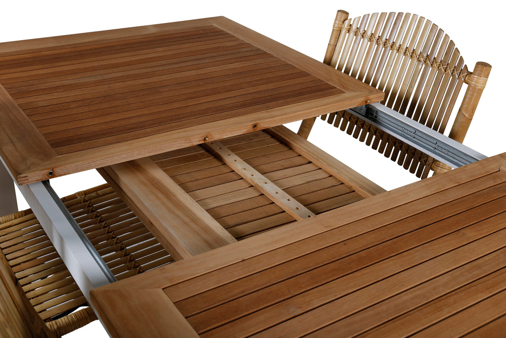 Panama bord 152/210*90 vit aluminium/teak med 4 Cane hopfällbara matstolar bambu/grå dyna