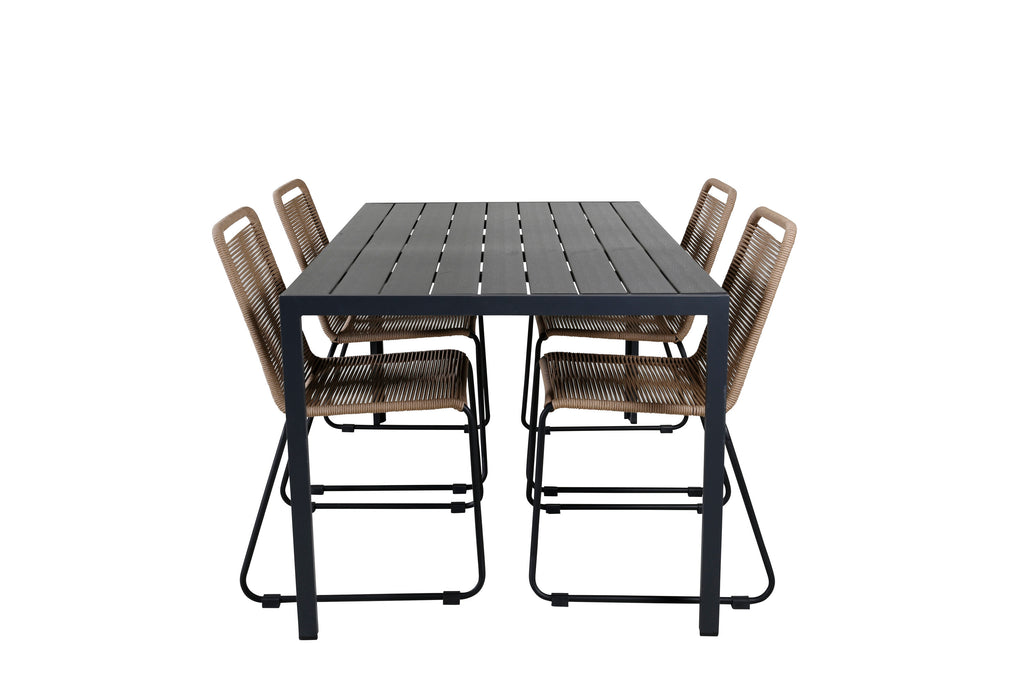 Break bord svart/svart 150x90 med 4 Lindos stapelbara stolar svart aluminium/latte rep