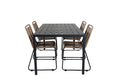 Break bord svart/svart 150x90 med 4 Lindos stapelbara stolar svart aluminium/latte rep