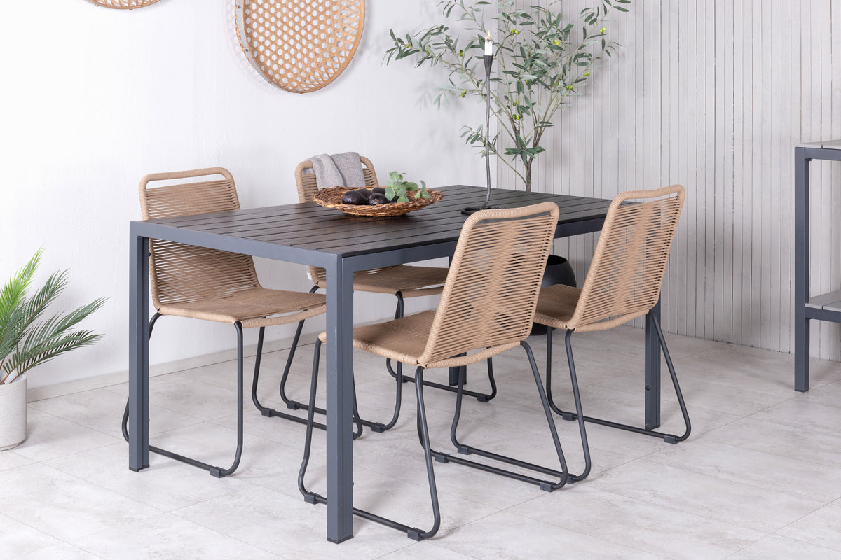 Break bord svart/svart 150x90 med 4 Lindos stapelbara stolar svart aluminium/latte rep