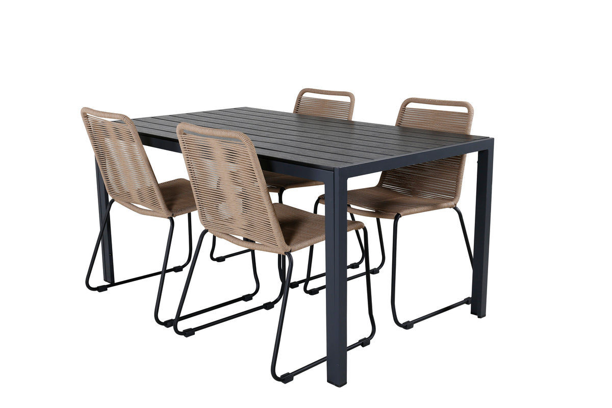 Break bord svart/svart 150x90 med 4 Lindos stapelbara stolar svart aluminium/latte rep