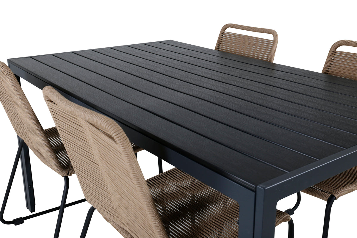 Break bord svart/svart 150x90 med 4 Lindos stapelbara stolar svart aluminium/latte rep