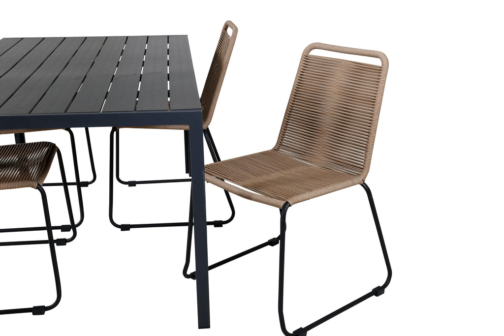 Break bord svart/svart 150x90 med 4 Lindos stapelbara stolar svart aluminium/latte rep