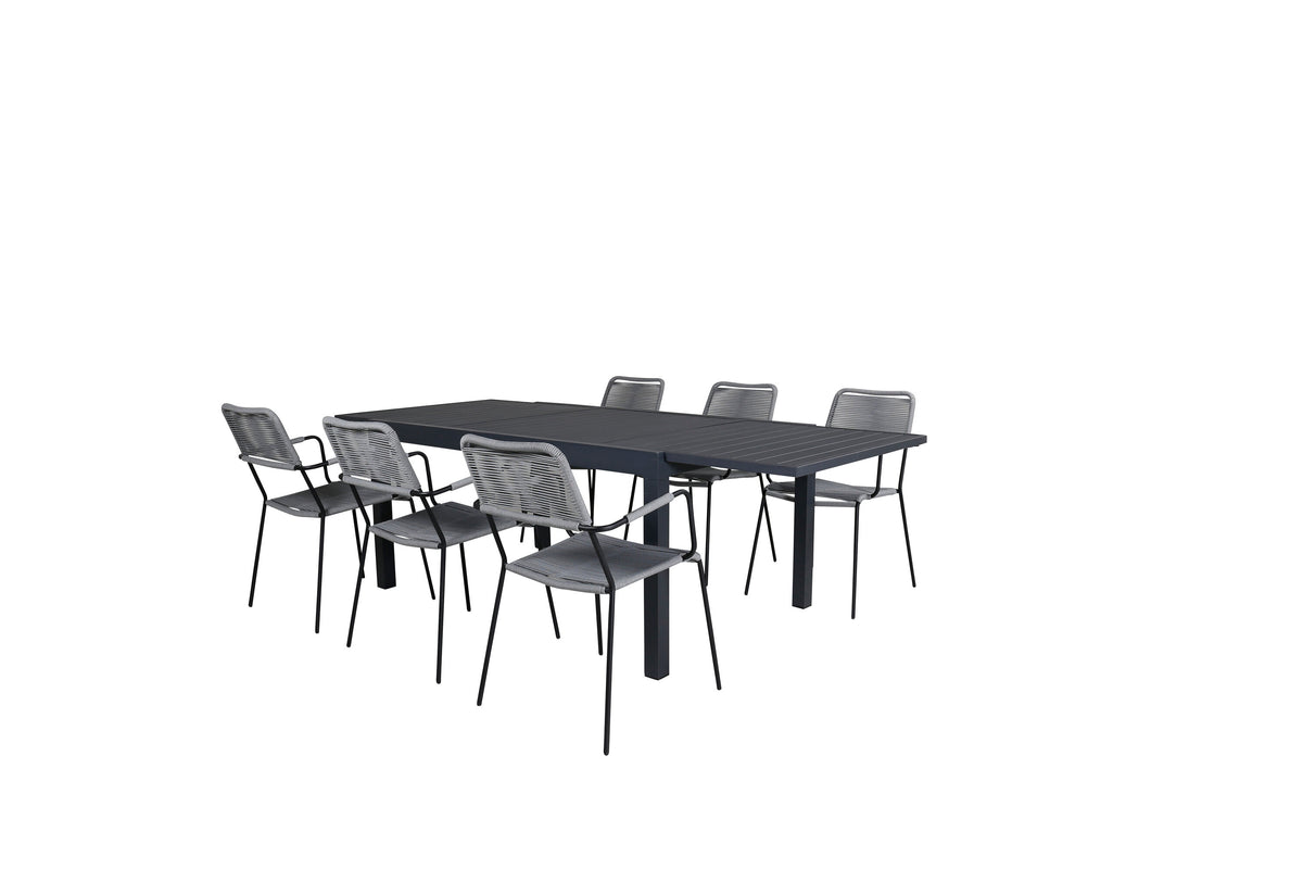 Marbella matgrupp med Lindos karmstolar 160/240 cm svart/grå