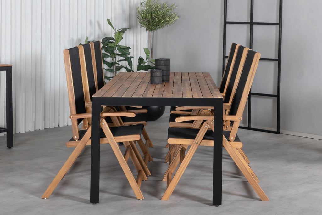 Bois/Little John matgrupp med 6 hopfällbara stolar 205x90 cm svart/akacia