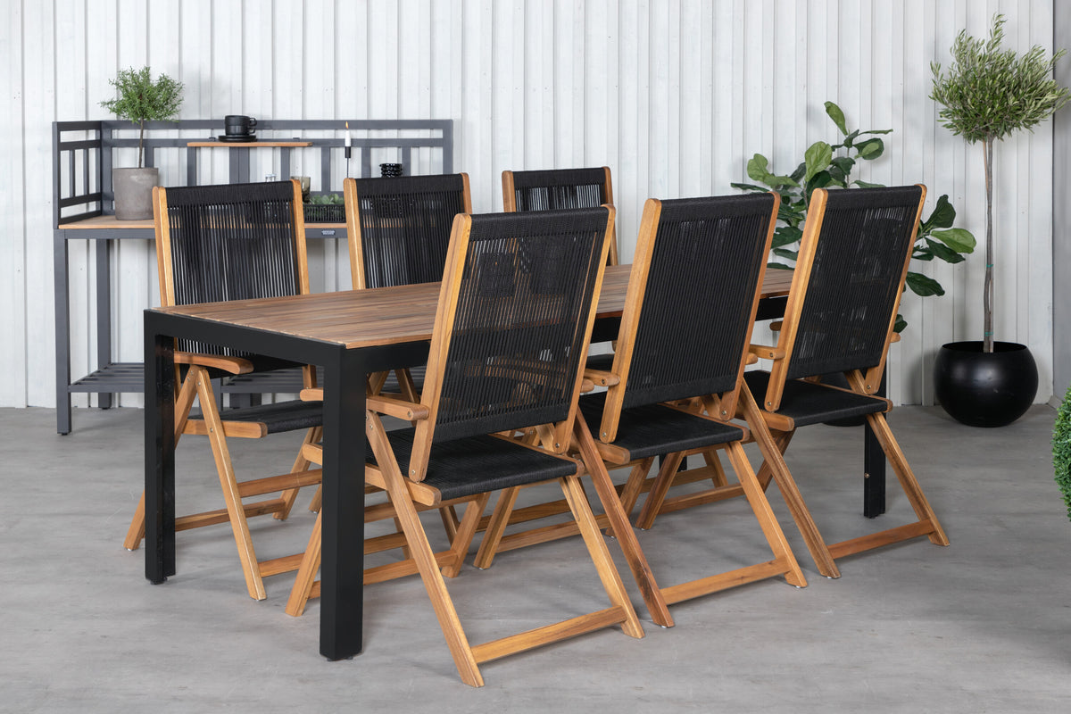 Bois/Little John matgrupp med 6 hopfällbara stolar 205x90 cm svart/akacia