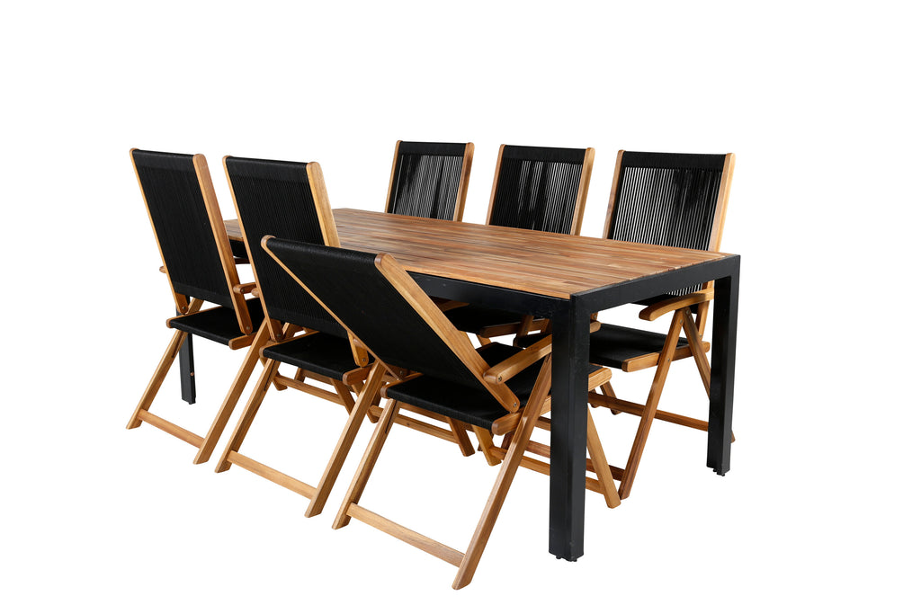 Bois/Little John matgrupp med 6 hopfällbara stolar 205x90 cm svart/akacia