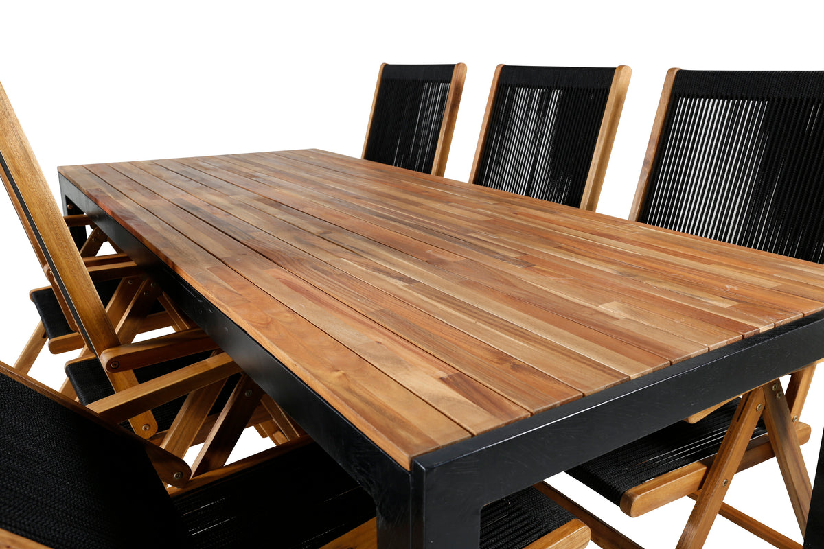 Bois/Little John matgrupp med 6 hopfällbara stolar 205x90 cm svart/akacia