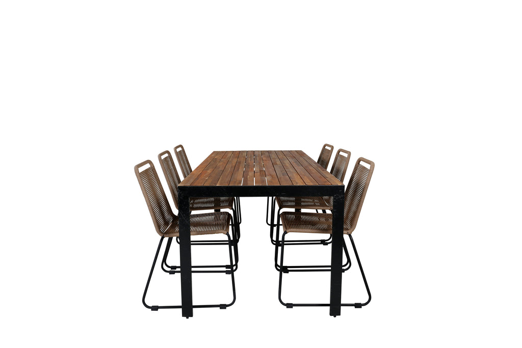 Bois matgrupp med Lindos-stolar 205x90 cm svart/lattebeige/akacia