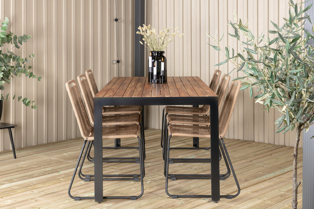 Bois matgrupp med Lindos-stolar 205x90 cm svart/lattebeige/akacia