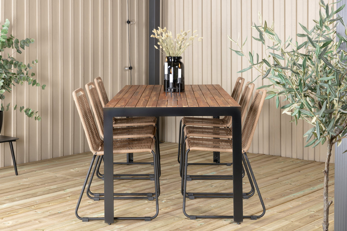 Bois matgrupp med Lindos-stolar 205x90 cm svart/lattebeige/akacia