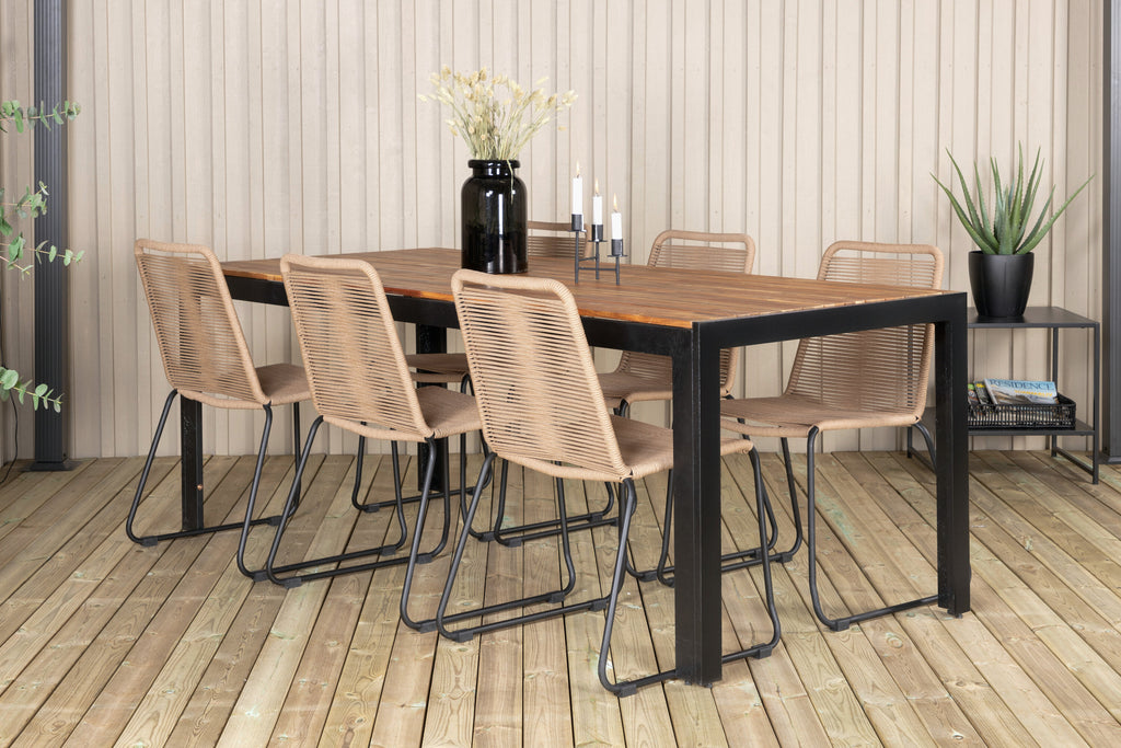 Bois matgrupp med Lindos-stolar 205x90 cm svart/lattebeige/akacia