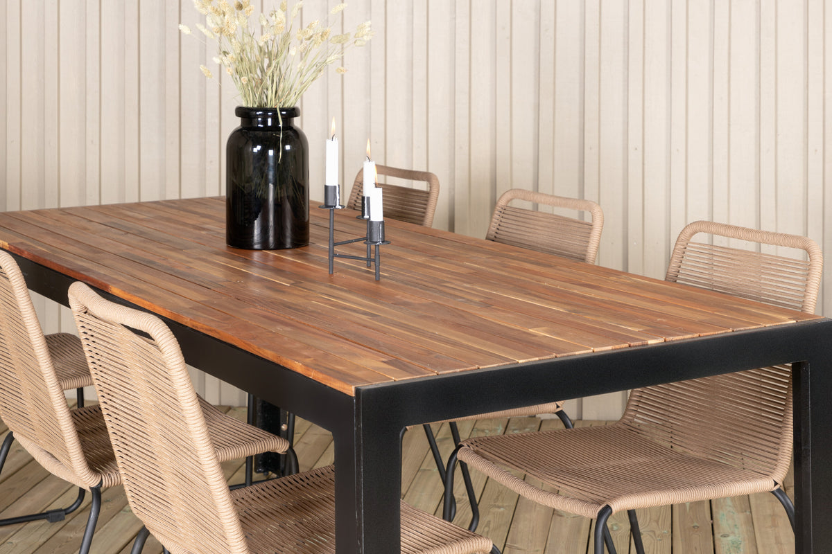 Bois matgrupp med Lindos-stolar 205x90 cm svart/lattebeige/akacia