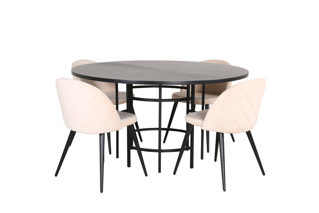 Copenhagen rund matgrupp med 4 Velvet-stolar svart och beige sammet