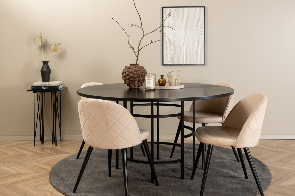 Copenhagen rund matgrupp med 4 Velvet-stolar svart och beige sammet