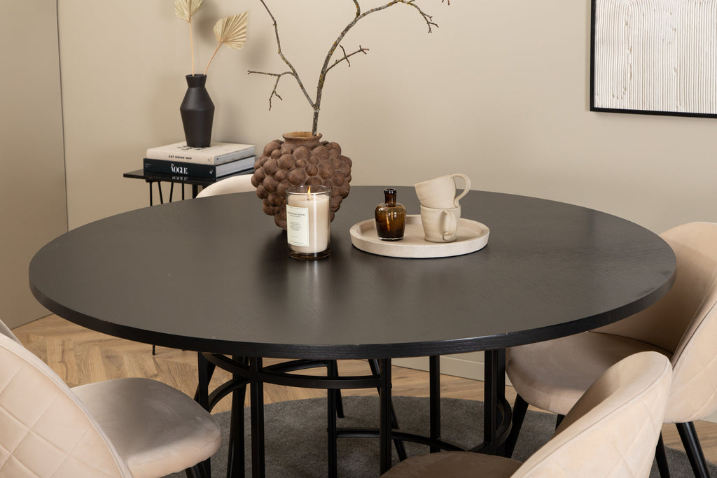 Copenhagen rund matgrupp med 4 Velvet-stolar svart och beige sammet