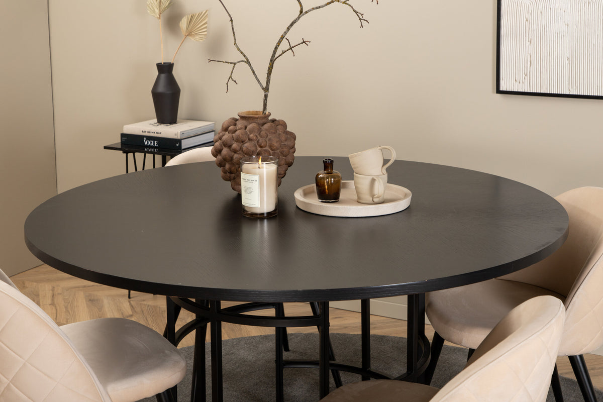 Copenhagen rund matgrupp med 4 Velvet-stolar svart och beige sammet