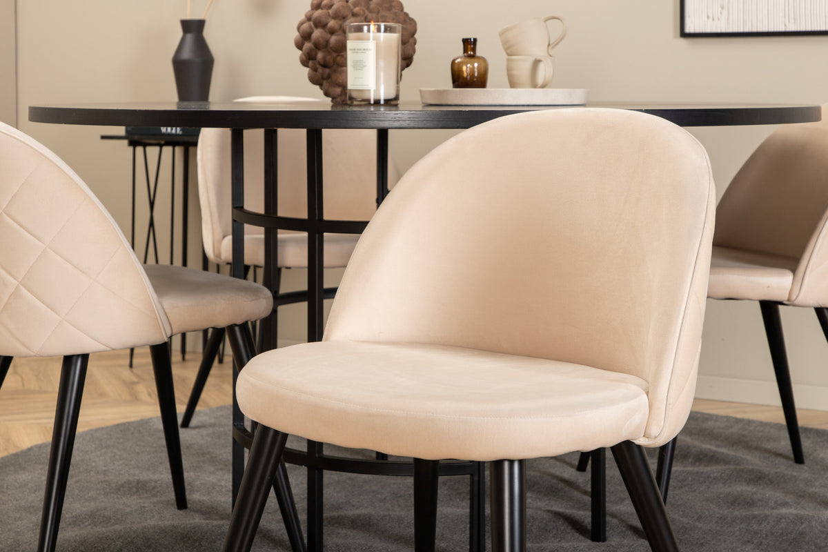 Copenhagen rund matgrupp med 4 Velvet-stolar svart och beige sammet