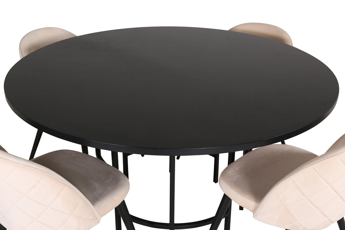 Copenhagen rund matgrupp med 4 Velvet-stolar svart och beige sammet