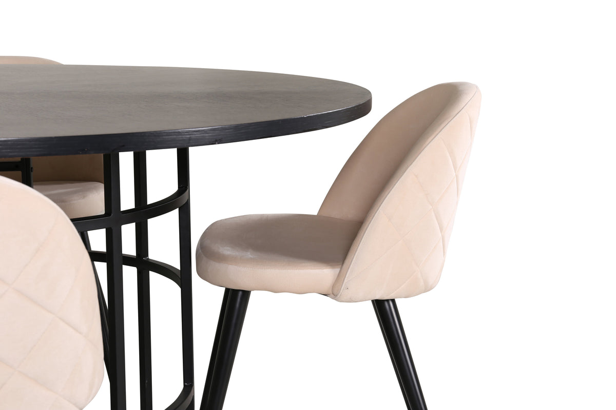 Copenhagen rund matgrupp med 4 Velvet-stolar svart och beige sammet