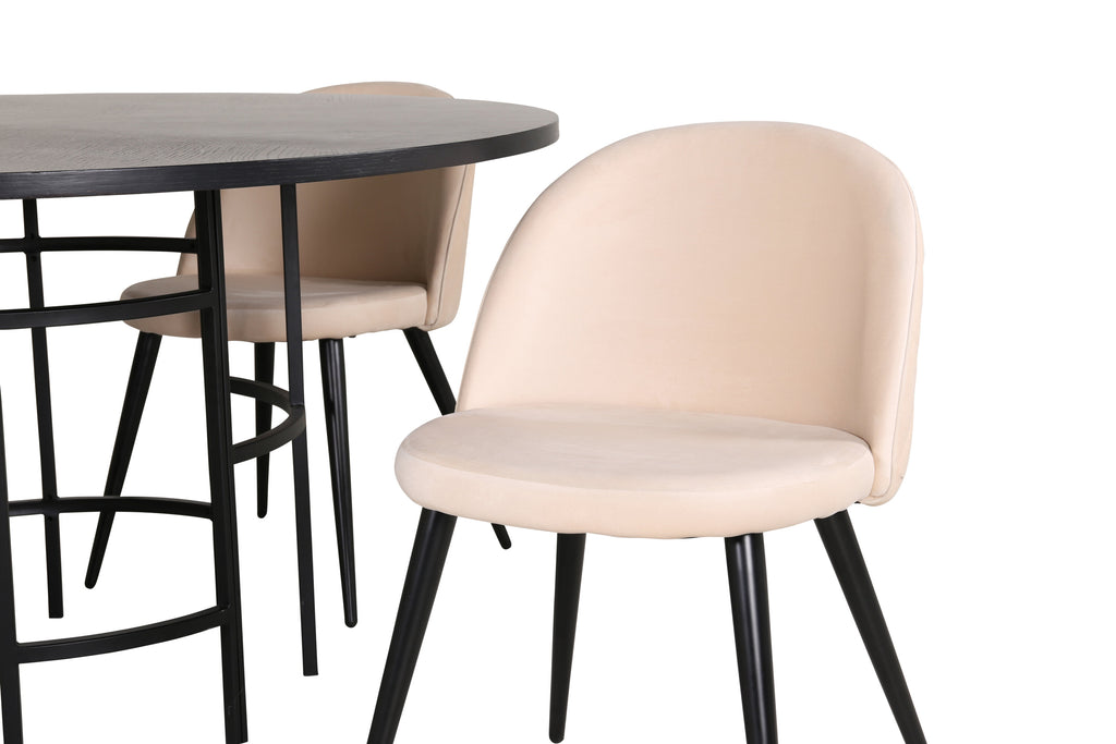 Copenhagen rund matgrupp med 4 Velvet-stolar svart och beige sammet