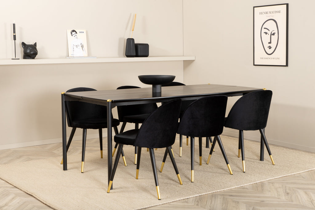 Pelle rektangulär matgrupp med 6 Velvet stolar svart/mässingsfärgad