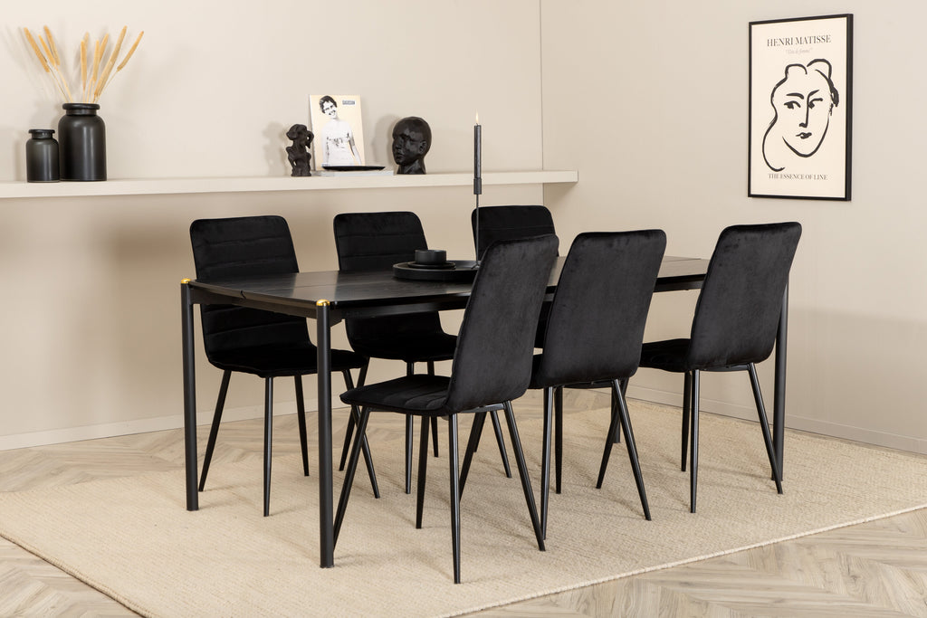 Pelle rektangulär matgrupp med 6 Windu Lyx stolar i svart sammet