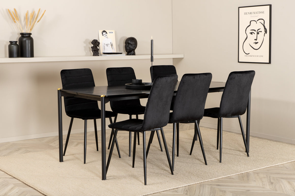 Pelle rektangulär matgrupp med 6 Windu Lyx stolar i svart sammet