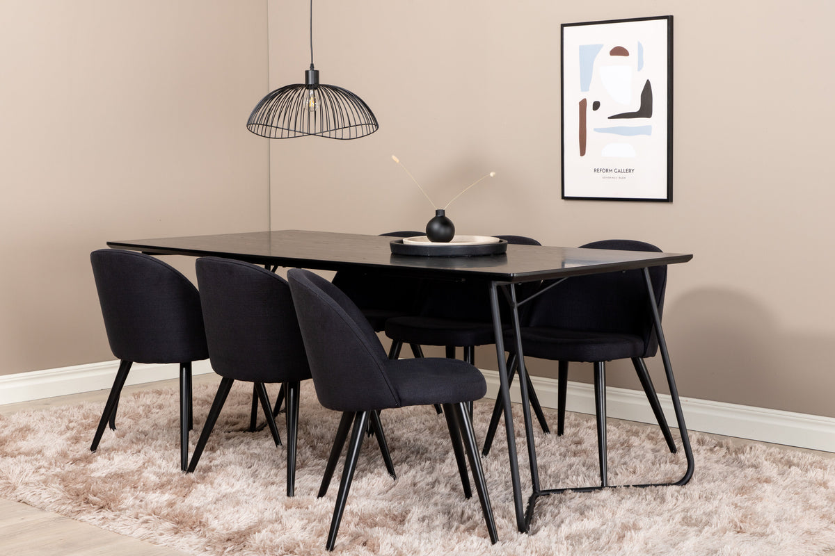 Petra rektangulär matgrupp med 6 Velvet-stolar, svart faner och tyg