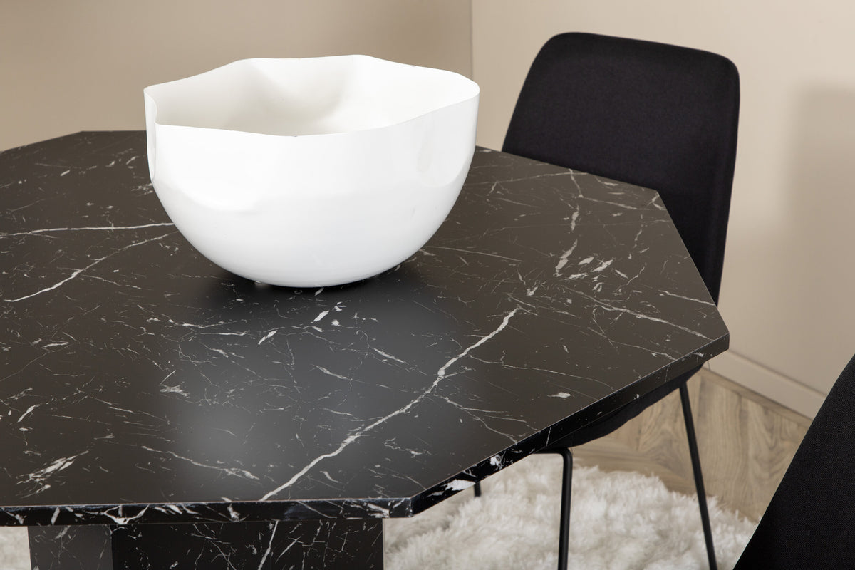 Marbs rund matgrupp med 4 Muce-stolar svart marmorerat glas och tyg