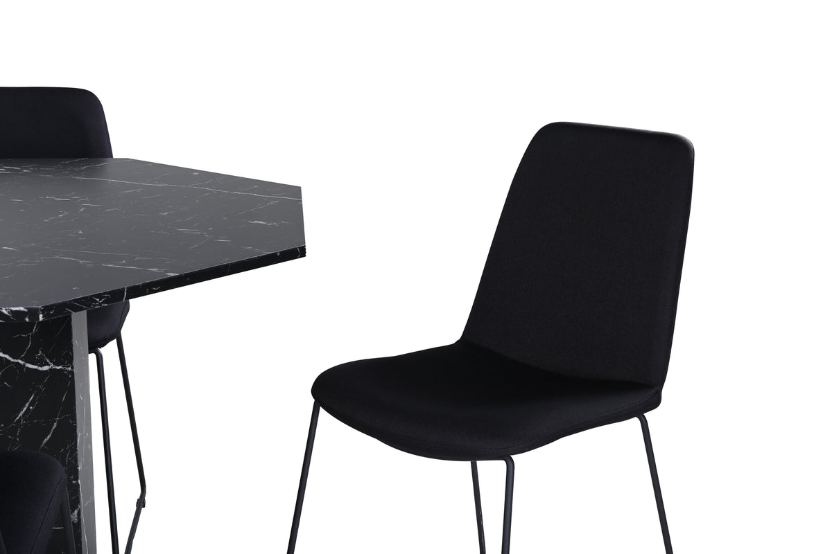 Marbs rund matgrupp med 4 Muce-stolar svart marmorerat glas och tyg