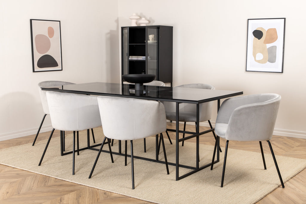 Leif rektangulär matgrupp med 6 Berit-stolar svart/ljusgrå rökfärgat glas och sammet