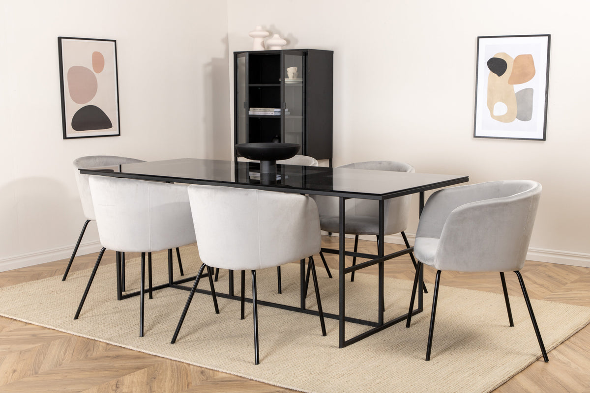 Leif rektangulär matgrupp med 6 Berit-stolar svart/ljusgrå rökfärgat glas och sammet