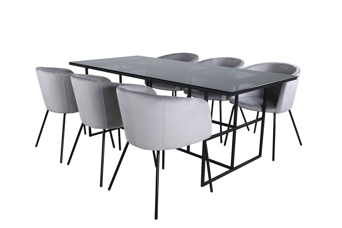 Leif rektangulär matgrupp med 6 Berit-stolar svart/ljusgrå rökfärgat glas och sammet