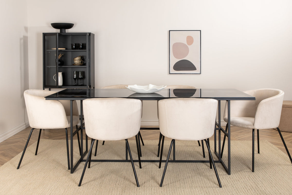 Leif rektangulär matgrupp med 6 Berit-stolar svart/beige rökfärgat glas och sammet