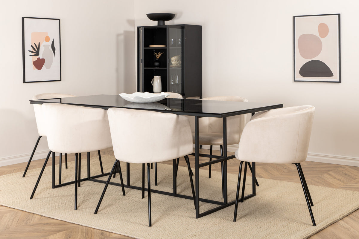Leif rektangulär matgrupp med 6 Berit-stolar svart/beige rökfärgat glas och sammet