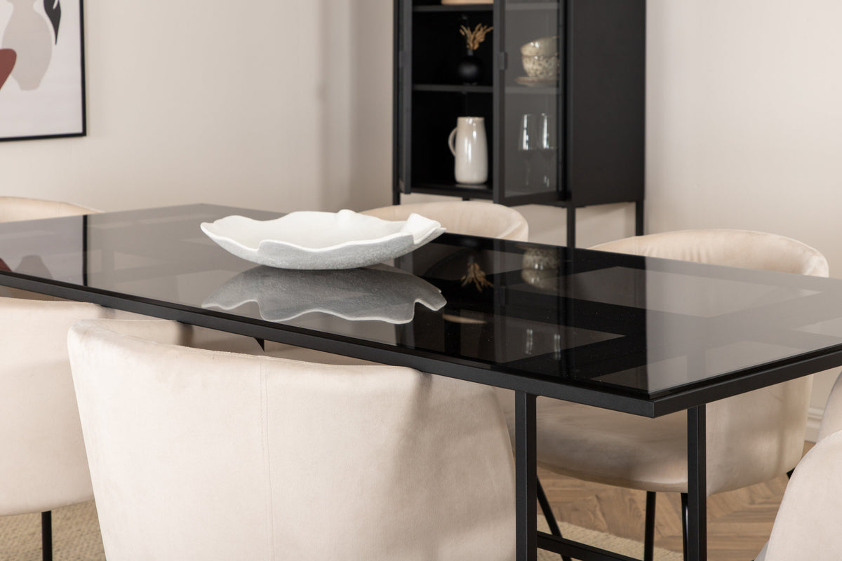 Leif rektangulär matgrupp med 6 Berit-stolar svart/beige rökfärgat glas och sammet